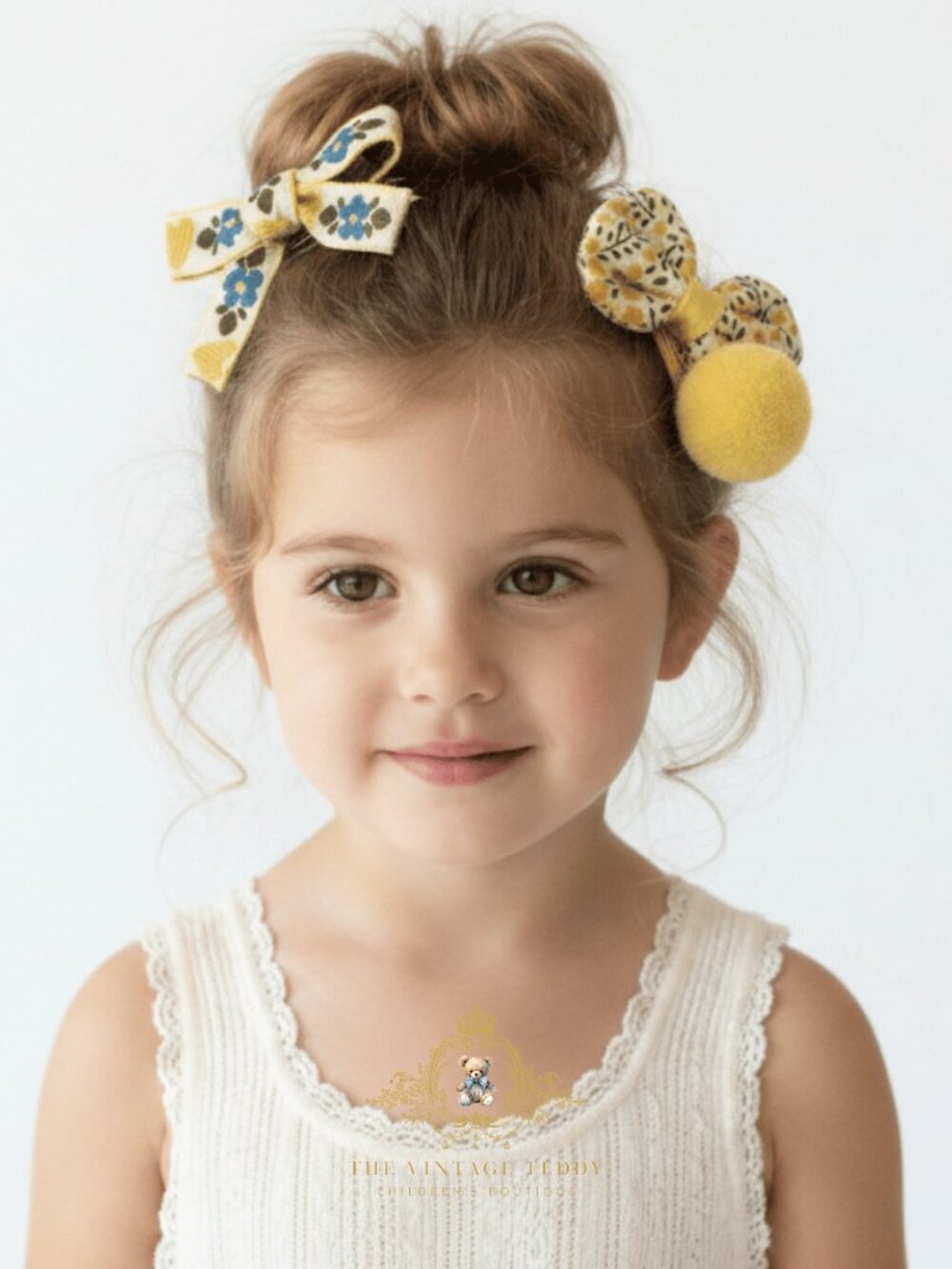 NWT Pretty Girls Hair Bows Hair Clips Kids Accessory Set of 3 Ribbons Pom Yellow